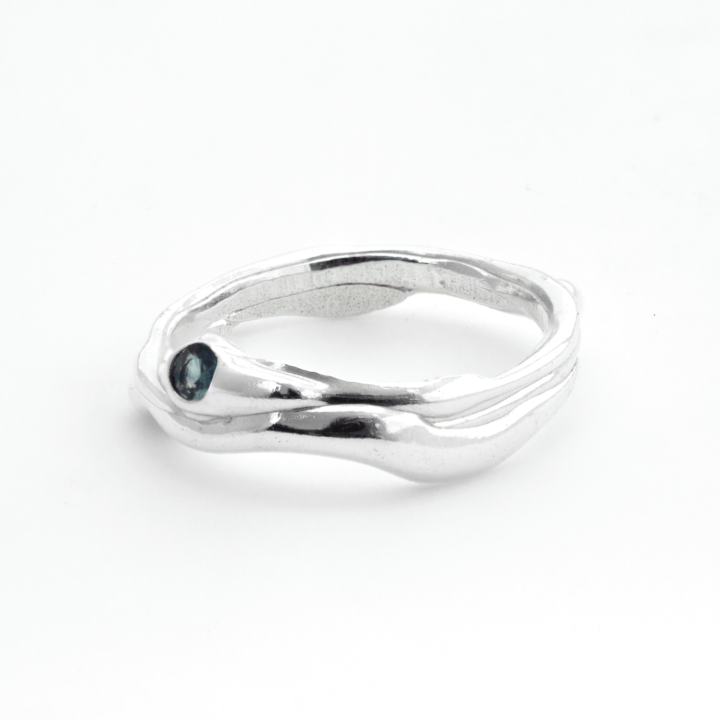 Organic Chaos Silver Band with Blue-Green Sapphire