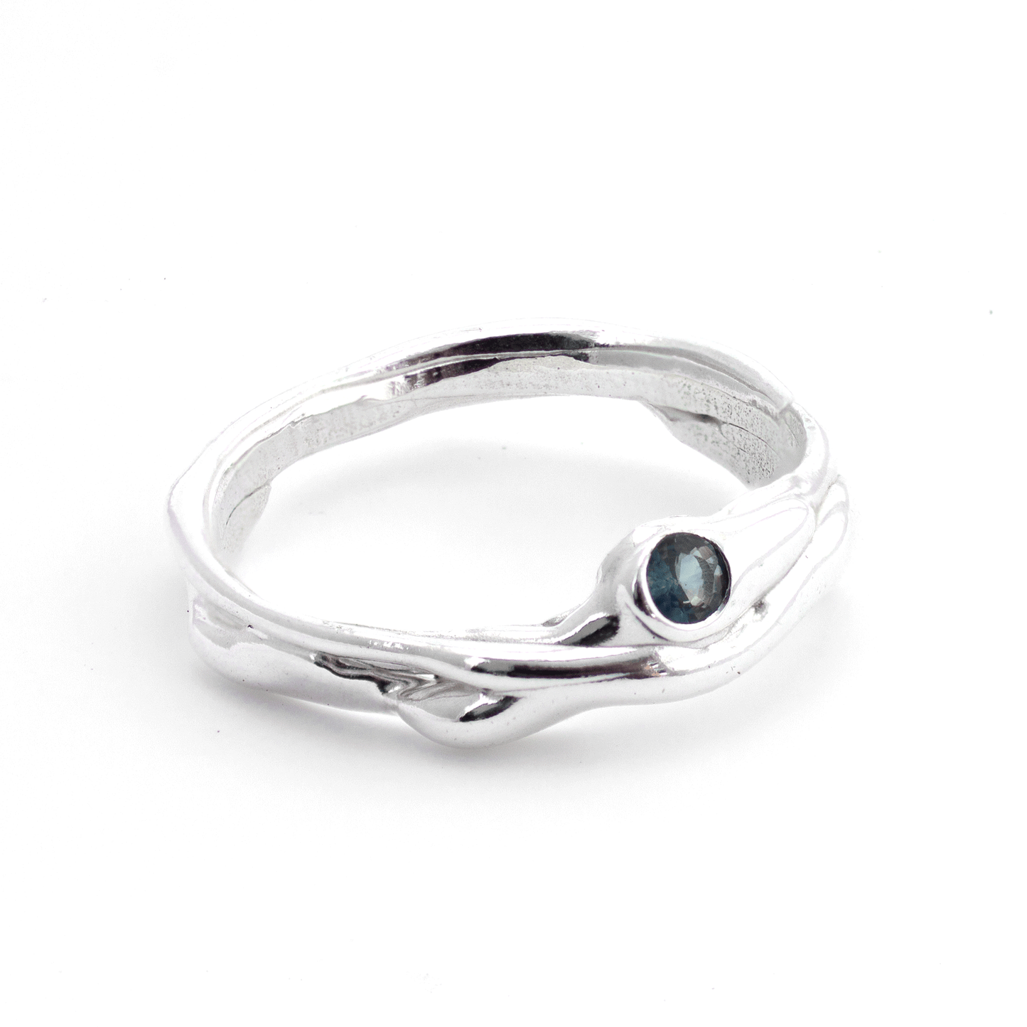 Organic Chaos Silver Band with Blue-Green Sapphire